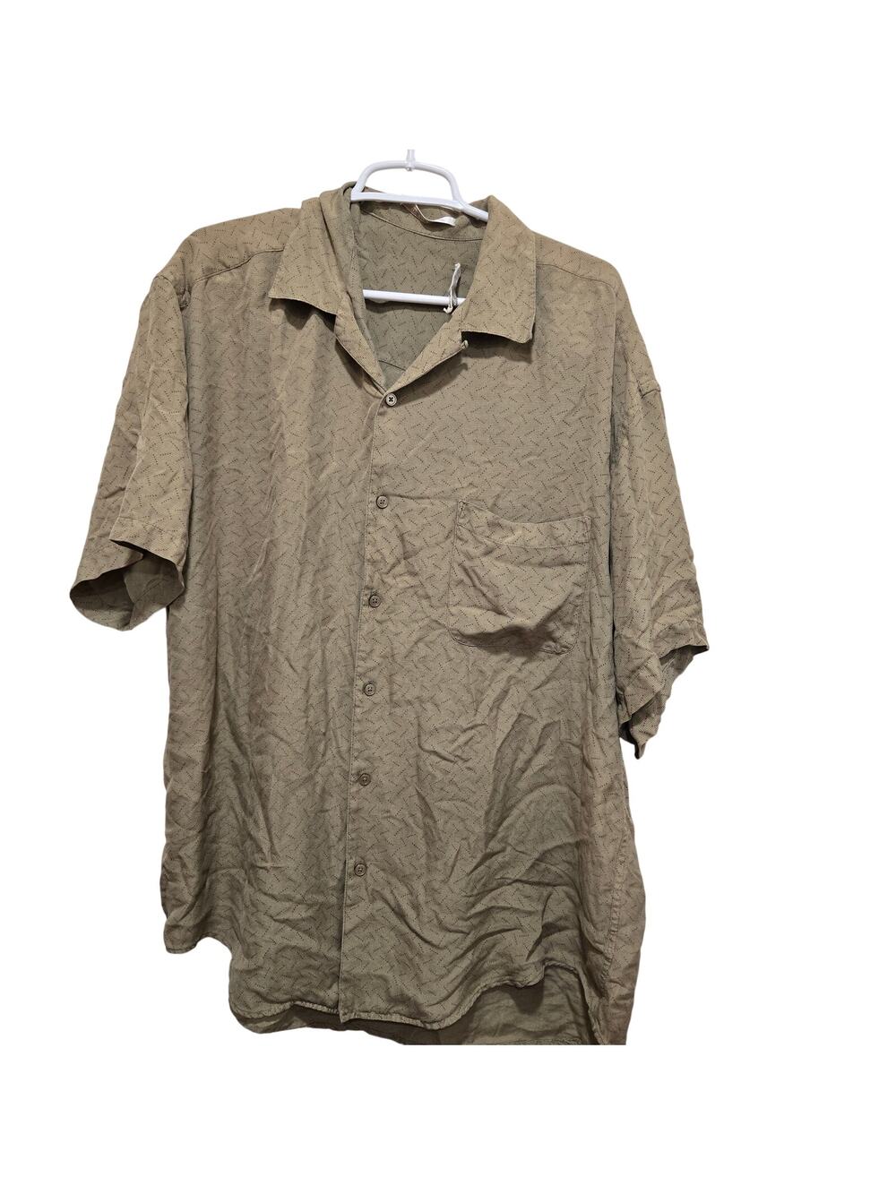 Perry Ellis XL 100% Silk Tan Camp Shirt Geometric Print Resort Wear